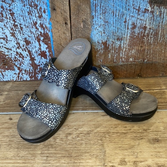 Dansko Sophie Black Shagreen Leather Sandal Slide Black Metallic Women's 40 - Picture 1 of 8